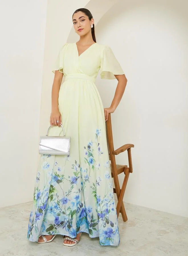 Styli  Yellow Floral Printed Wrap Maxi Dress for Women | Best Price UAE