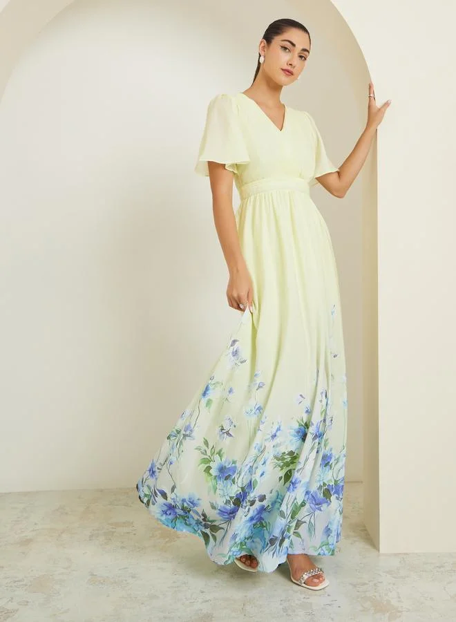 Yellow Floral Printed Wrap Maxi Dress