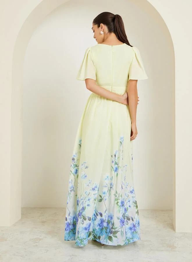 Styli  Yellow Floral Printed Wrap Maxi Dress for Women | Best Price UAE