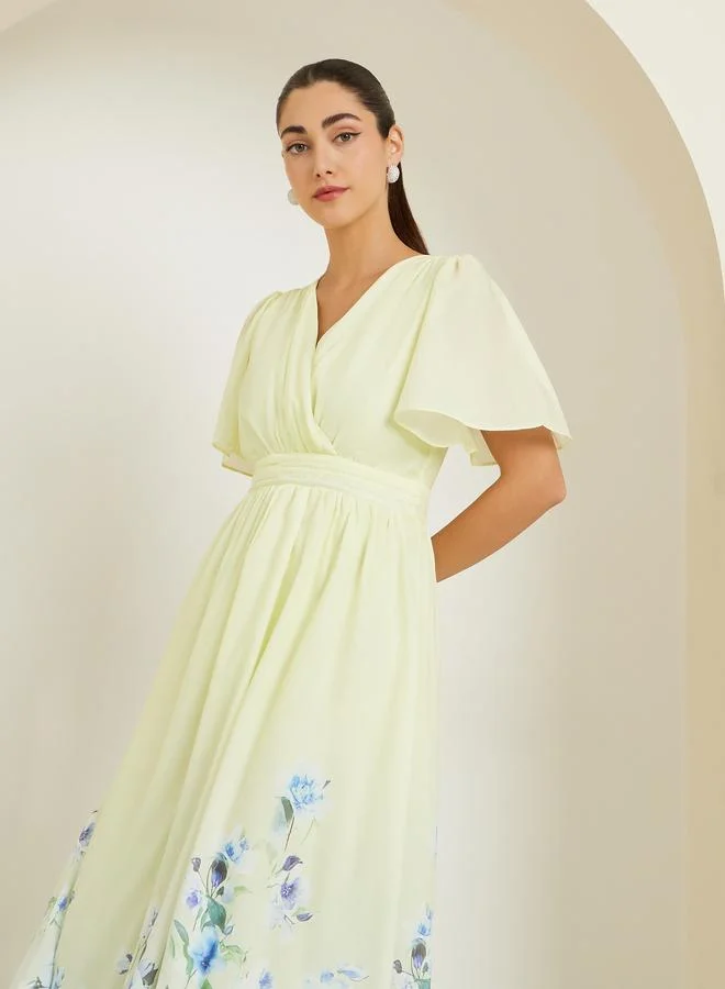 Styli  Yellow Floral Printed Wrap Maxi Dress for Women | Best Price UAE