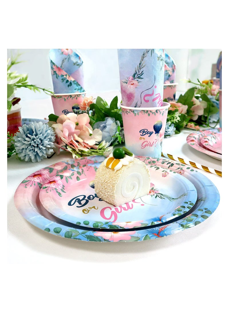 SYOSI Gender Reveal Decoration Plates Set, Gender Reveal Party Tableware Set for 16 Guests, 84 PCS Paper Plates Cups Napkins Straws Floral Balloons Boy or Girl Tableware Set Gender Reveal Party Supplies - Image 3
