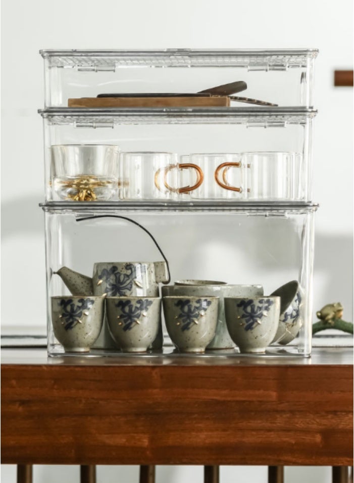 TDAO 3 Pack - Large + Medium +Small - Clear Stackable Storage Bins Boxes with Hinged Lids. Transparent Plastic Organizer Containers for Food and Coffee/Tea Cups, Clear Makeup Organizer Box, Cosmetic Case Suitable for Organizing and Storing Food in Homes, Offices, Schools, Refrigerators, Bathrooms, Kitchens, and Pantries. Stackable, Suitable for Freezing and Refrigeration, BPA-Free, Food-Safe, Clear - Image 3