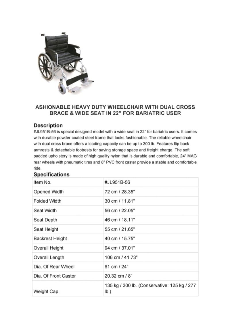 JIANLIAN Wheelchair With Brace & Wide Seat In 22” Jl951B-56  - Image 2
