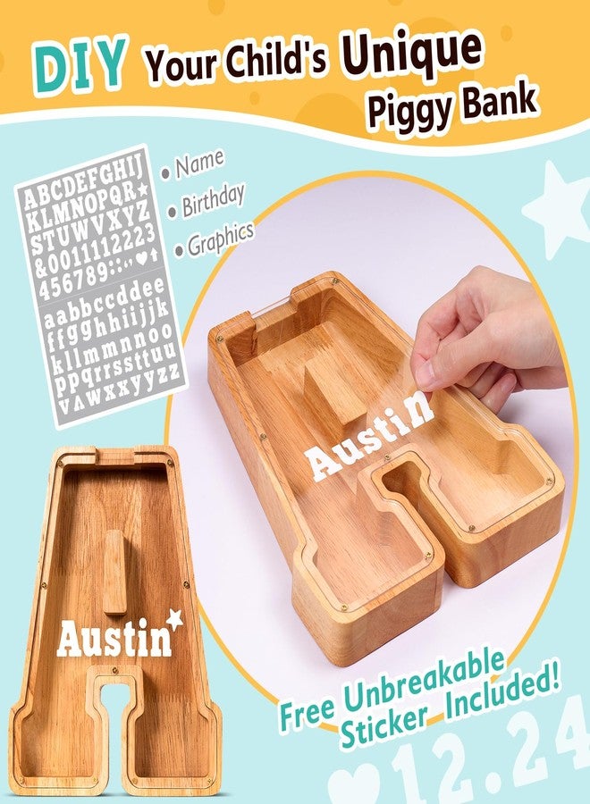 SummiDate Wooden Letter Piggy Bank for Kids| Piggy Bank for Boys Girls Toddler| Alphabet A Money Bank| Wood Coin Bank Personalized Birthday Easter Gifts for Kids (A) - Image 3