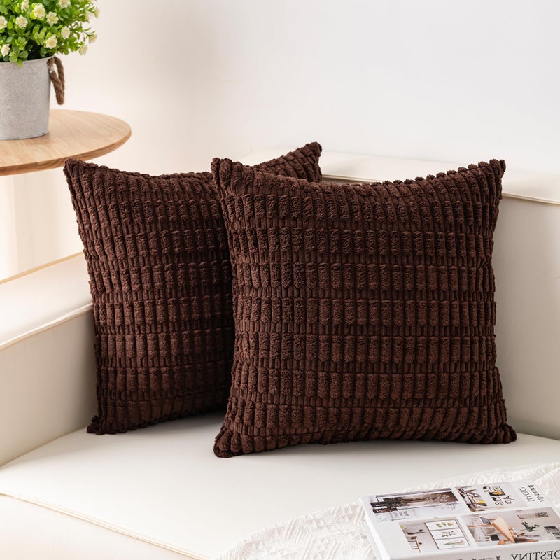 Aegero Pack of 2 Corduroy Decorative Throw Pillow Covers 18x18 InchSoft Boho Striped Pillow Covers Modern Farmhouse Home Decor for Sofa Living Room Couch Bedï¼ˆDark Brownï¼‰ - Image 1