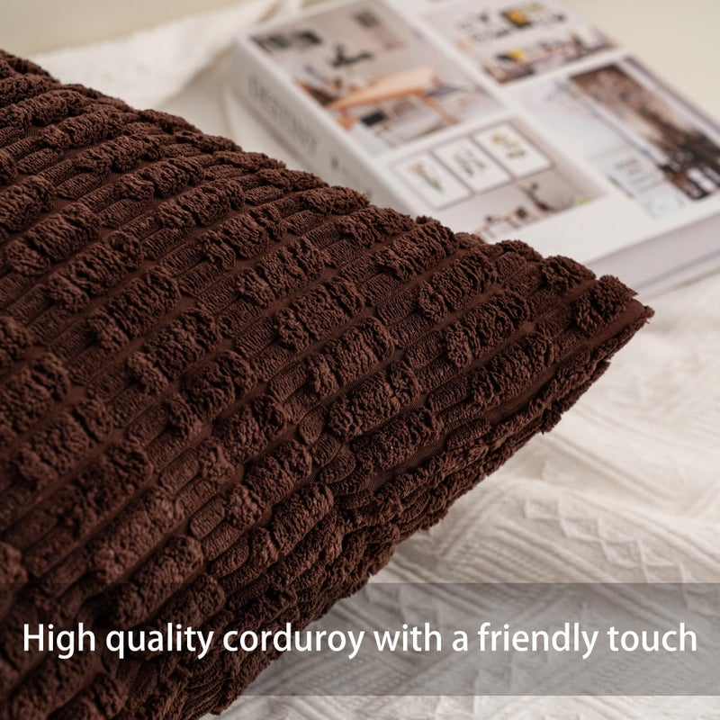 Aegero Pack of 2 Corduroy Decorative Throw Pillow Covers 18x18 InchSoft Boho Striped Pillow Covers Modern Farmhouse Home Decor for Sofa Living Room Couch Bedï¼ˆDark Brownï¼‰ - Image 3