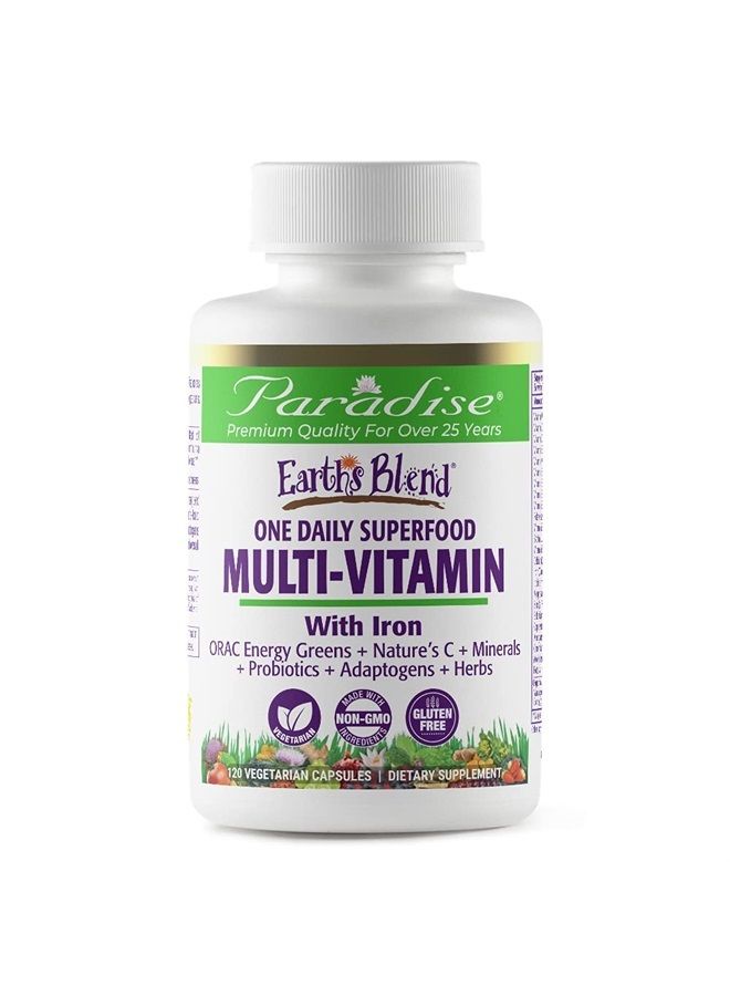 Paradise Herbs Earth's Blend Organic Multivitamin with Iron, Antioxidants, Vitamins A, B, C, D, K2, Probiotics, Adaptogens, Vegetarian, Non GMO, Gluten Free, 120 Capsules - Image 1