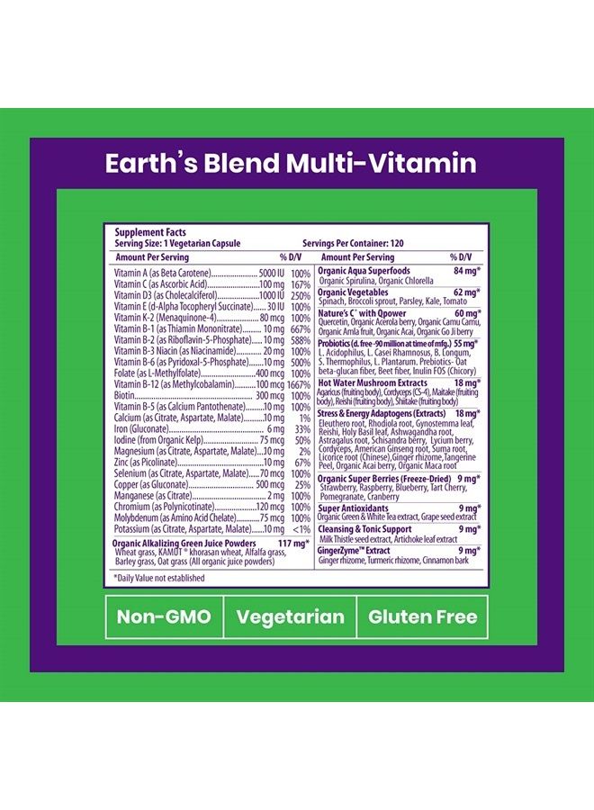 Paradise Herbs Earth's Blend Organic Multivitamin with Iron, Antioxidants, Vitamins A, B, C, D, K2, Probiotics, Adaptogens, Vegetarian, Non GMO, Gluten Free, 120 Capsules - Image 2