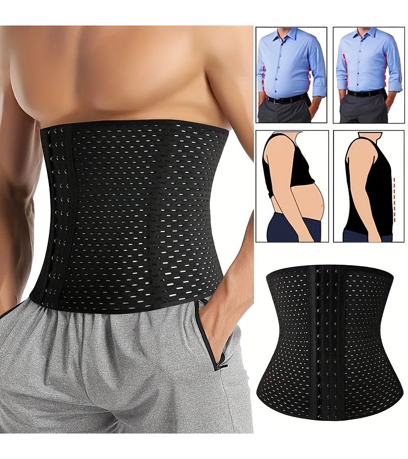Men Breathable Mesh 3 Row Buckle 4 Steel Bone Waist Support Belt Black XXL - Image 1