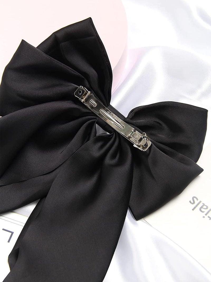 WHISKET Big Satin Layered Hair Bows for Women Girls Barrette Hair Clip Long Ribbon Bows Style Hair Accessories [PACK OF 2] (BLACK) - Image 5