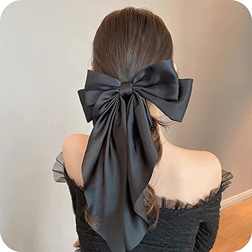 WHISKET Big Satin Layered Hair Bows for Women Girls Barrette Hair Clip Long Ribbon Bows Style Hair Accessories [PACK OF 2] (BLACK) - Image 1