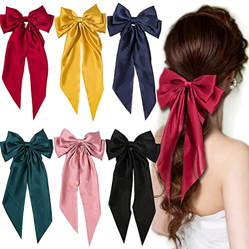 WHISKET Big Satin Layered Hair Bows for Women Girls Barrette Hair Clip Long Ribbon Bows Style Hair Accessories [PACK OF 2] (BLACK) - Image 2