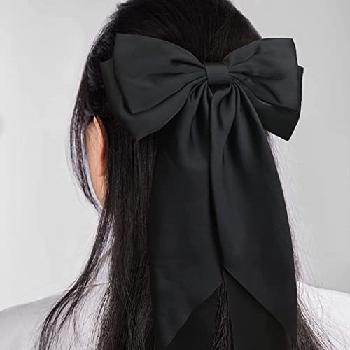 WHISKET Big Satin Layered Hair Bows for Women Girls Barrette Hair Clip Long Ribbon Bows Style Hair Accessories [PACK OF 2] (BLACK) - Image 4
