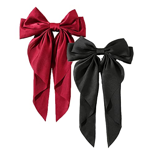 WHISKET Big Satin Layered Hair Bows for Women Girls Barrette Hair Clip Long Ribbon Bows Style Hair Accessories [PACK OF 2] (BLACK) - Image 3