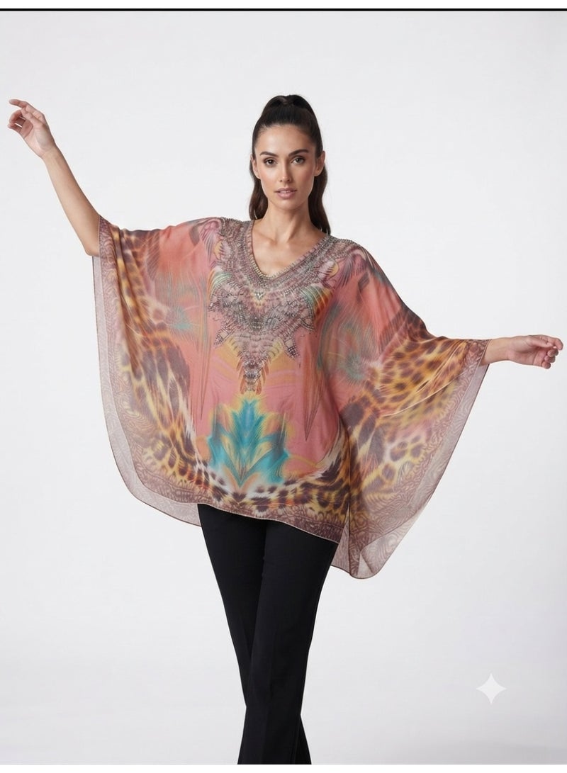 Women chiffon blouse printed batwing multicolor with rhinestones strass - Image 3