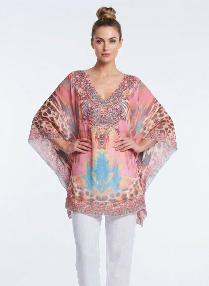 Women chiffon blouse printed batwing multicolor with rhinestones strass - Image 1