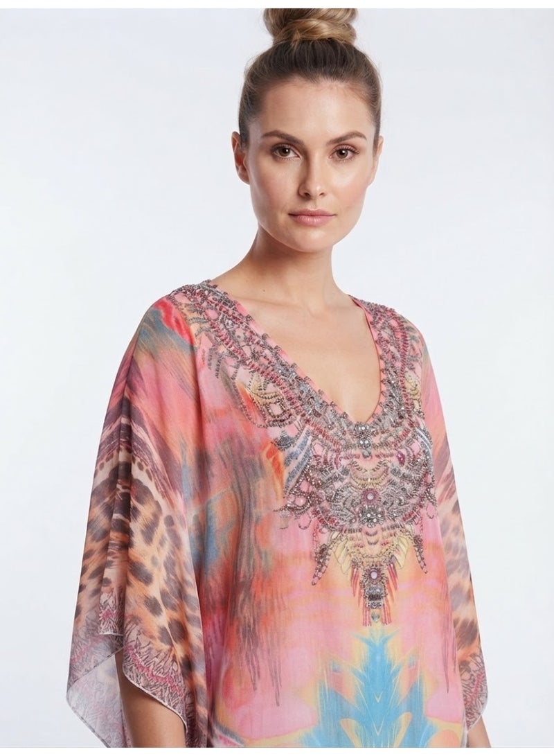 Women chiffon blouse printed batwing multicolor with rhinestones strass - Image 2