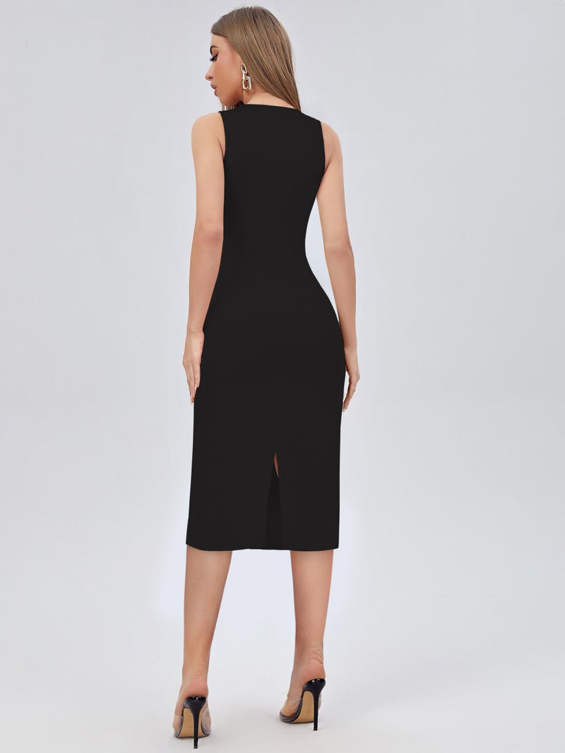 Toochki Women's Black Spandex Solid Bodycon Western Dress | A line | Winter | Western | Latest | Trendy | Midi |One Piece - Image 4