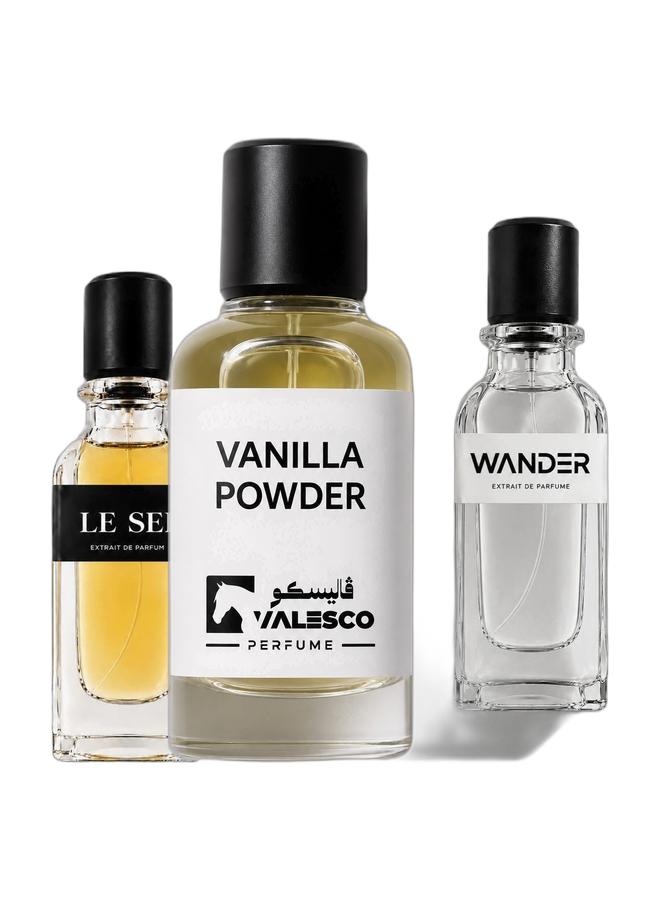 VALESCO VANILLA POWDER Eau De Parfum 50ML – Creamy Vanilla & Soft Musk – Long Lasting Unisex Fragrance & WANDER Extrait de Parfum 50ml Fresh Citrus Woody Long Lasting Perfume for Men & Women & LE SEL Extrait de Parfum 50ml – Fresh Marine Woody Perfume with Sea Salt, Ginger & Cedarwood for Men, Long Lasting Bundle - Image 1