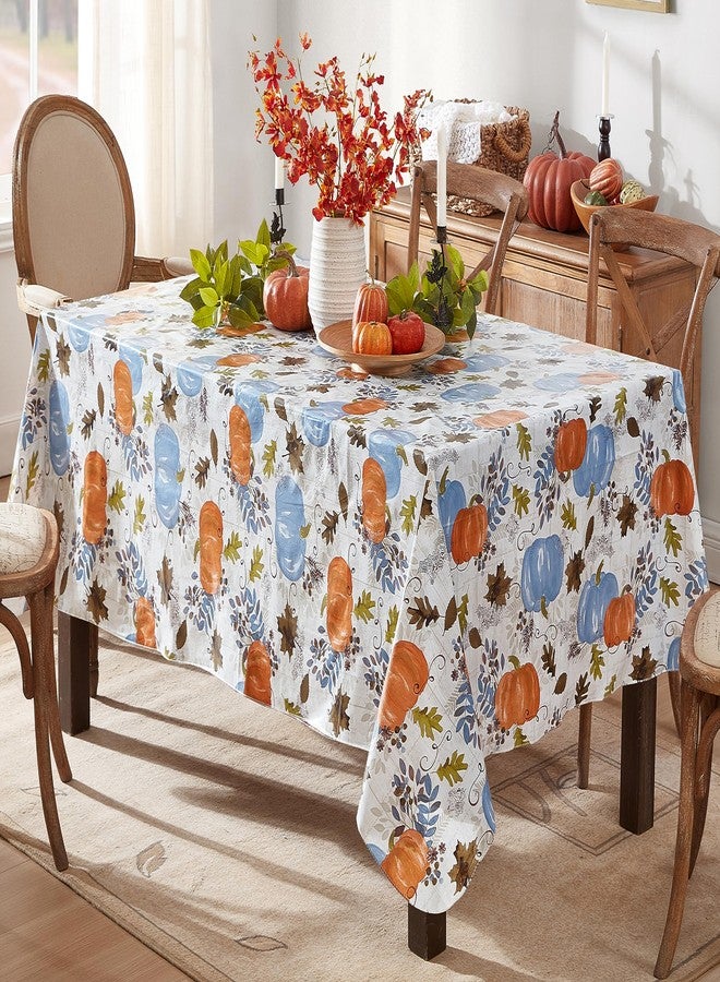 Newbridge Thanksgiving Blue Hampstead Farm Pumpkin Field Vinyl Tablecloth with Flannel Backing Fall Harvest Design, 60 x 84 Inch Rectangle Table Cover - Image 1