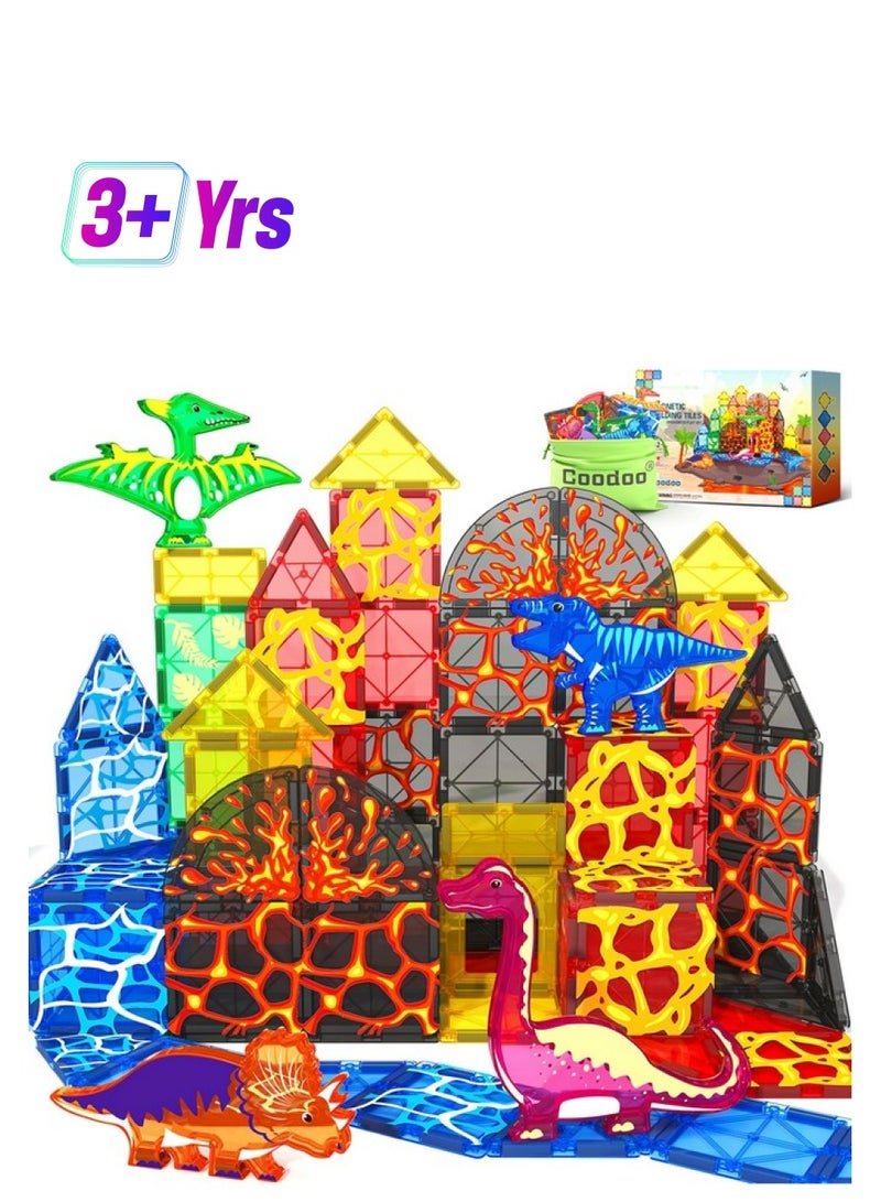 Coodoo Dinosaur Toys Magnetic Tiles Lava Dinosaur World Set - Magnetic Blocks Building Toys For Kids 3-5 5-7 Girls Boys Toys Age 4-6 6-8, Classroom Must Haves Toddler Sensory Toys For 3+ Year Old Kids Toys - Image 1