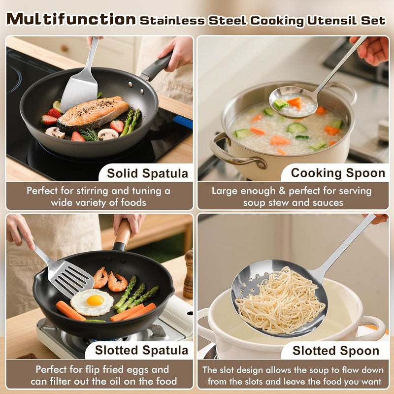 MemoGem 4 Pcs Cooking Utensils Set, Stainless Steel Kitchen Utensils, Heat Resistant Metal Kitchen Tools Include Solid & Slotted Turner Wok Spatula, Serving Spoon, Ergonomic Handle, Easy to Clean, Silver - Image 2