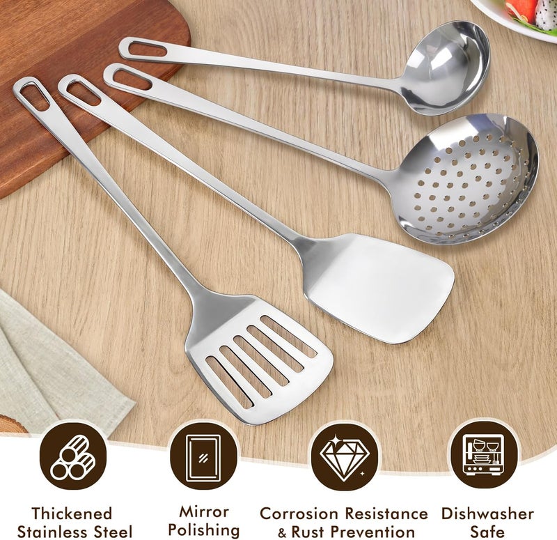 MemoGem 4 Pcs Cooking Utensils Set, Stainless Steel Kitchen Utensils, Heat Resistant Metal Kitchen Tools Include Solid & Slotted Turner Wok Spatula, Serving Spoon, Ergonomic Handle, Easy to Clean, Silver - Image 3