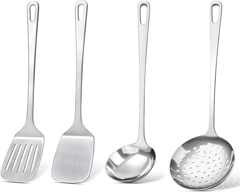 MemoGem 4 Pcs Cooking Utensils Set, Stainless Steel Kitchen Utensils, Heat Resistant Metal Kitchen Tools Include Solid & Slotted Turner Wok Spatula, Serving Spoon, Ergonomic Handle, Easy to Clean, Silver - Image 1