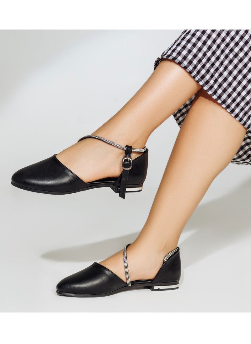 Sandal Flat Leather With Diamond Tape SF-32 - Black