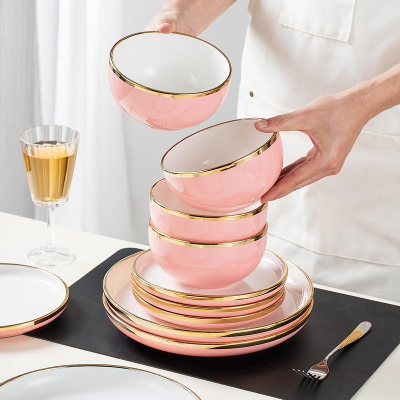 REANRO Pink and Gold Ceramic Dinnerware Sets for 4, 16-Piece Luxury Plates and Bowls Sets with Gold Rim, Modern Dish Set for Wedding Christmas Anniversary, Crack Resistant | Dishwasher & Freezer Safe (Pink) - Image 4