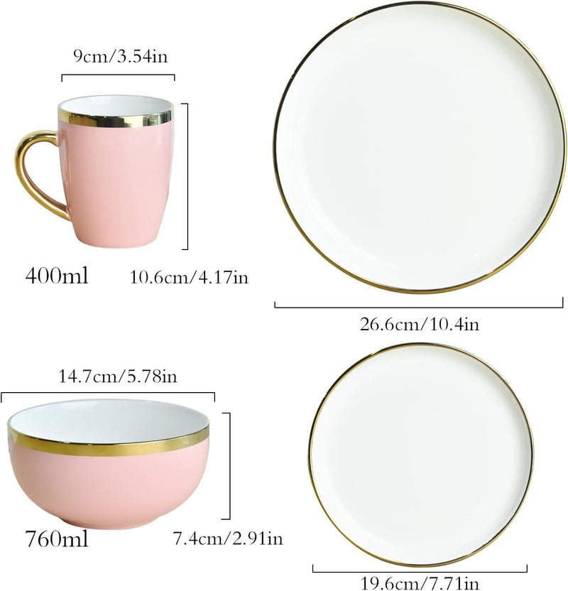 REANRO Pink and Gold Ceramic Dinnerware Sets for 4, 16-Piece Luxury Plates and Bowls Sets with Gold Rim, Modern Dish Set for Wedding Christmas Anniversary, Crack Resistant | Dishwasher & Freezer Safe (Pink) - Image 2