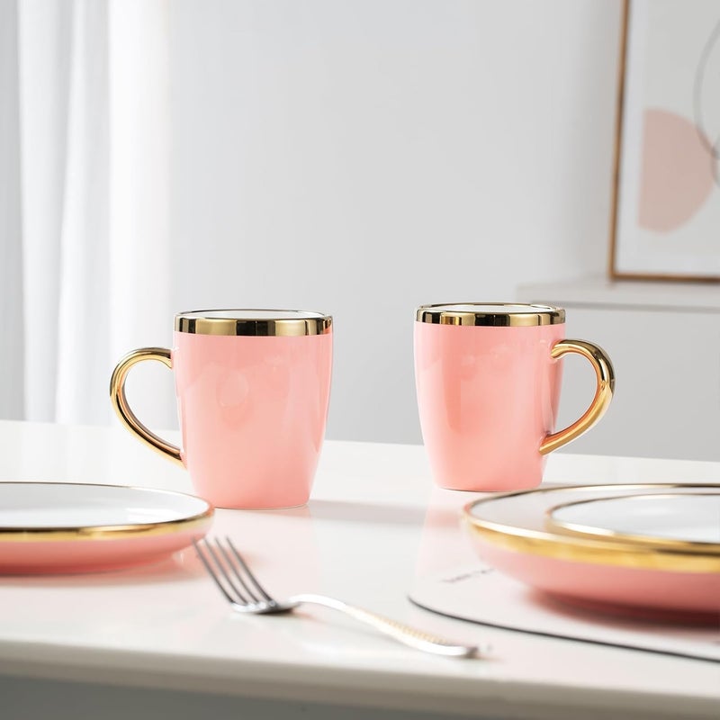 REANRO Pink and Gold Ceramic Dinnerware Sets for 4, 16-Piece Luxury Plates and Bowls Sets with Gold Rim, Modern Dish Set for Wedding Christmas Anniversary, Crack Resistant | Dishwasher & Freezer Safe (Pink) - Image 5