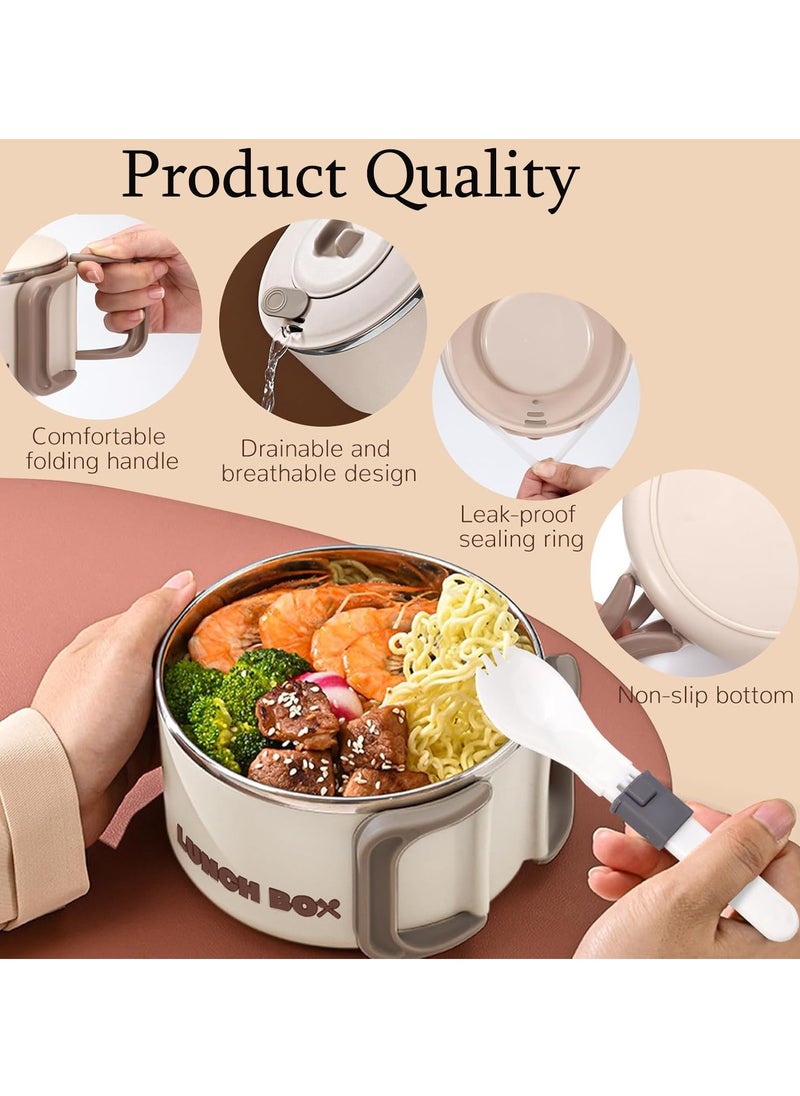 TYCOM Stainless Steel Lunch Box for Kid School Insulated Bento Lunch Box Lunch Containers with Lids Foldable Handle Leakproof BFA Free Dishwasher Safe Round Beige.  - Image 2