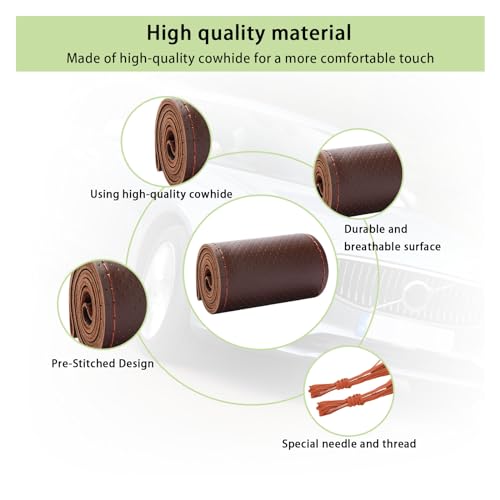 Kewucn Genuine Leather Steering Wheel Cover, 15" Universal Car Steering Wheel Protector with Needle Thread, Breathable Anti-Slip Steering Wheel Cover DIY Stitch on Wrap (Coffee, Full Hole) - Image 3