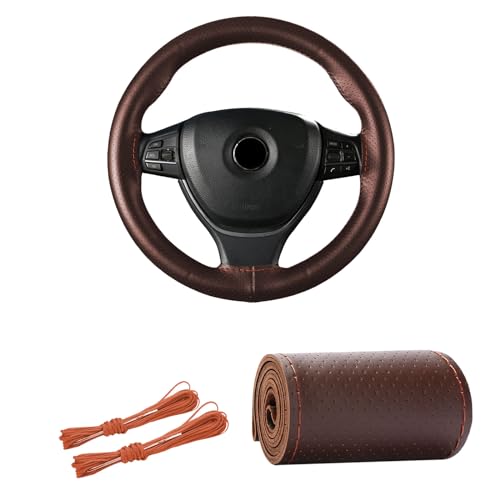Kewucn Genuine Leather Steering Wheel Cover, 15" Universal Car Steering Wheel Protector with Needle Thread, Breathable Anti-Slip Steering Wheel Cover DIY Stitch on Wrap (Coffee, Full Hole) - Image 1