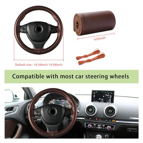 Kewucn Genuine Leather Steering Wheel Cover, 15" Universal Car Steering Wheel Protector with Needle Thread, Breathable Anti-Slip Steering Wheel Cover DIY Stitch on Wrap (Coffee, Full Hole) - Image 2