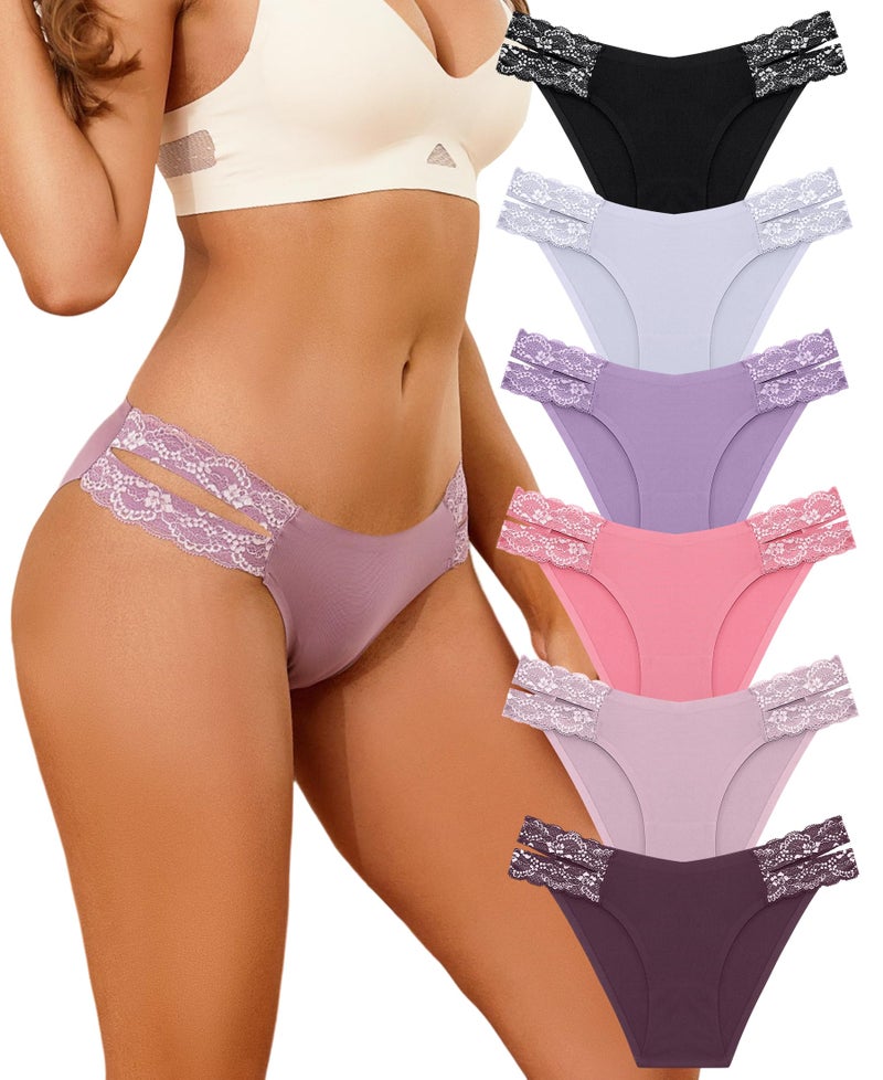 FINETOO Seamless Underwear for Women Cheeky Bikini Panties High Cut V-waist Lace Underwear Women Cute Bikinis 6 Pack - Image 1