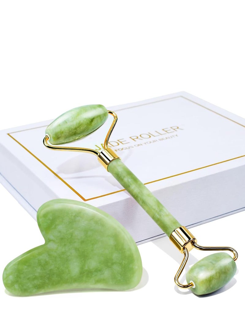 Jade Jade Roller and Gua Sha Facial Tools, 100% Natural Rose Quartz Gua Sha Stone, Jade roller & Gua sha Tool for Face Jawline Sculpting and Puffiness Reducing, Gua Sha Massage Tool, Skin Care Gift with beautiful premium box pack  - Image 1