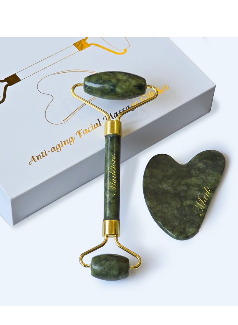 MARK STORE Jade Roller and Gua Sha Facial Tools, Natural Stone Gua Sha Stone, Jade roller & Gua sha Tool for Face Jawline Sculpting and Puffiness Reducing, Gua Sha Massage Tool, Skin Care Gift with beautiful premium box pack - Image 1