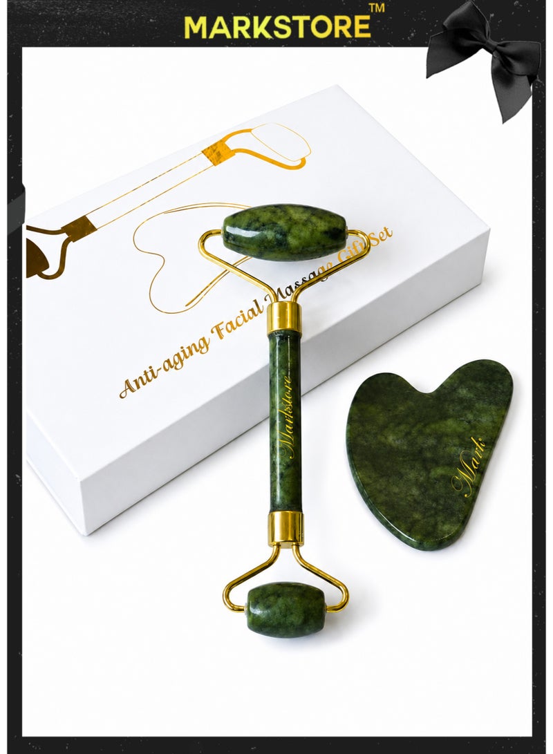 MARK STORE Jade Roller and Gua Sha Facial Tools, Natural Stone Gua Sha Stone, Jade roller & Gua sha Tool for Face Jawline Sculpting and Puffiness Reducing, Gua Sha Massage Tool, Skin Care Gift with beautiful premium box pack - Image 1