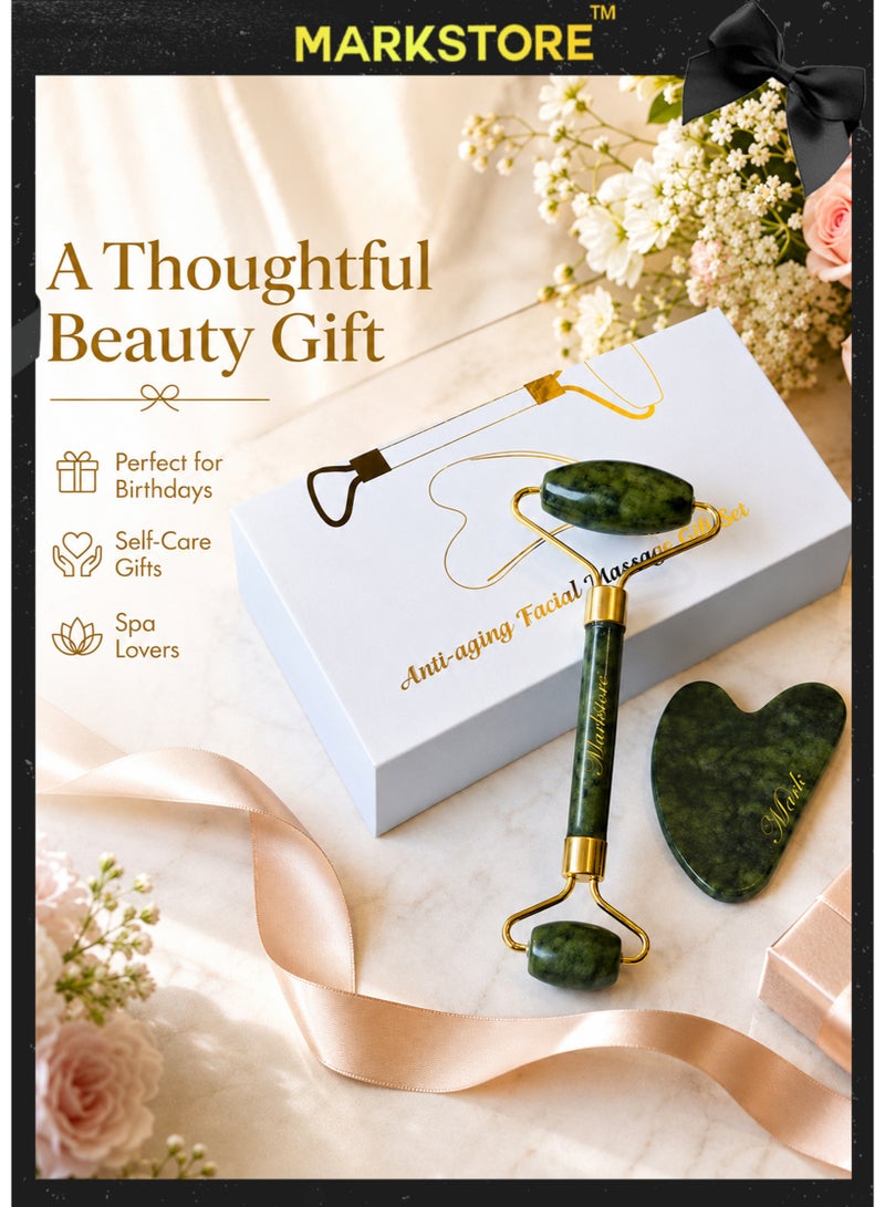 MARK STORE Jade Roller and Gua Sha Facial Tools, Natural Stone Gua Sha Stone, Jade roller & Gua sha Tool for Face Jawline Sculpting and Puffiness Reducing, Gua Sha Massage Tool, Skin Care Gift with beautiful premium box pack - Image 2