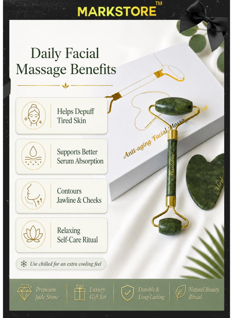 MARK STORE Jade Roller and Gua Sha Facial Tools, Natural Stone Gua Sha Stone, Jade roller & Gua sha Tool for Face Jawline Sculpting and Puffiness Reducing, Gua Sha Massage Tool, Skin Care Gift with beautiful premium box pack - Image 3