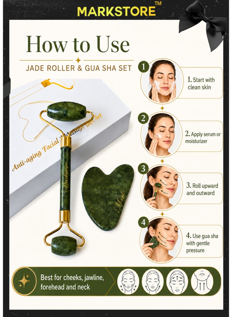 MARK STORE Jade Roller and Gua Sha Facial Tools, Natural Stone Gua Sha Stone, Jade roller & Gua sha Tool for Face Jawline Sculpting and Puffiness Reducing, Gua Sha Massage Tool, Skin Care Gift with beautiful premium box pack - Image 4