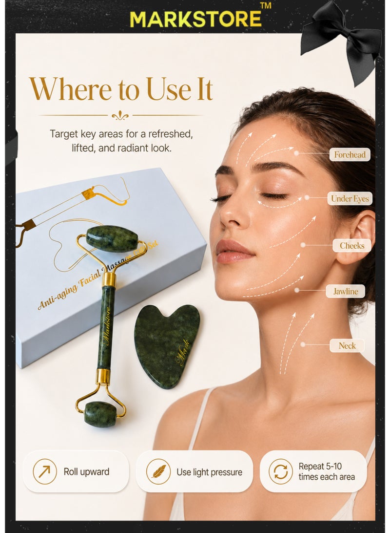 MARK STORE Jade Roller and Gua Sha Facial Tools, Natural Stone Gua Sha Stone, Jade roller & Gua sha Tool for Face Jawline Sculpting and Puffiness Reducing, Gua Sha Massage Tool, Skin Care Gift with beautiful premium box pack - Image 5