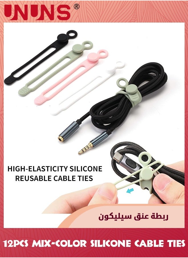UNUNS - 12Pcs Silicone Cable Ties,Reusable Cable Organize For Earphone, Phone Charger, Mouse, Audio, Computer,Multipurpose Elastic Cable Ties Straps For Home Office Kitchen School-4 Colors - Image 1