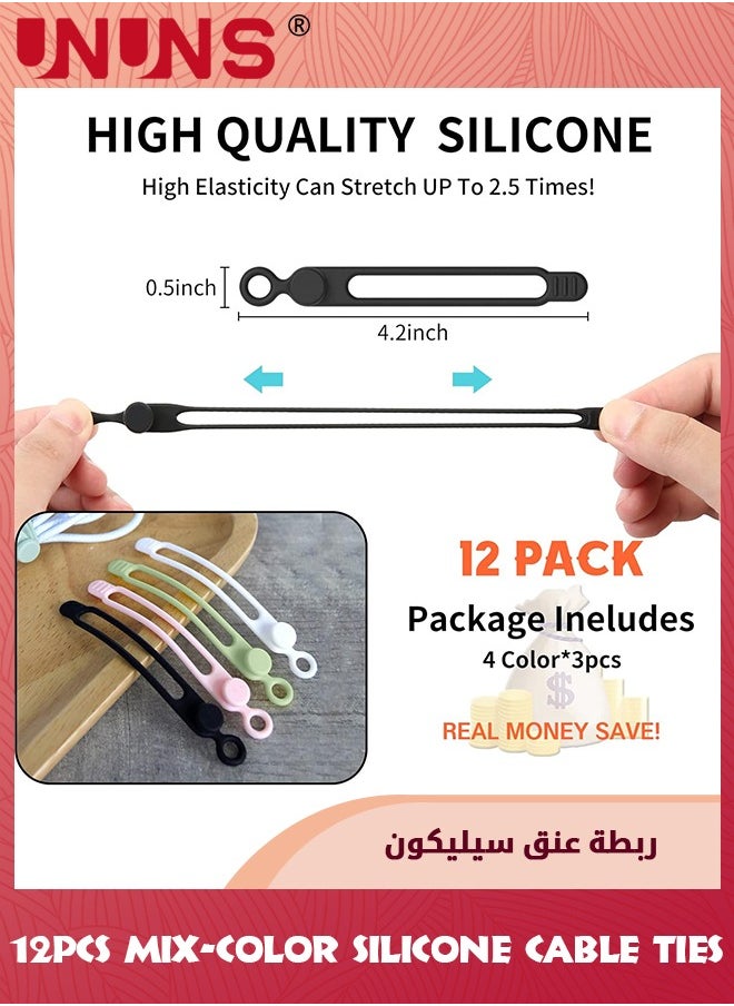 UNUNS - 12Pcs Silicone Cable Ties,Reusable Cable Organize For Earphone, Phone Charger, Mouse, Audio, Computer,Multipurpose Elastic Cable Ties Straps For Home Office Kitchen School-4 Colors - Image 1