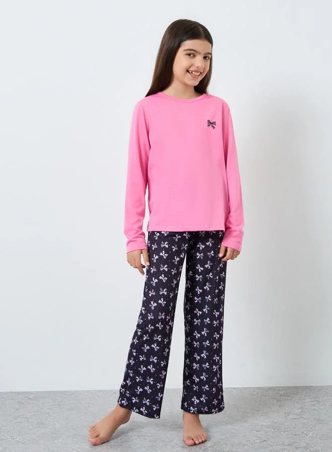 Styli Styli Bow Printed Long Sleeve T-Shirt and Pyjama Set