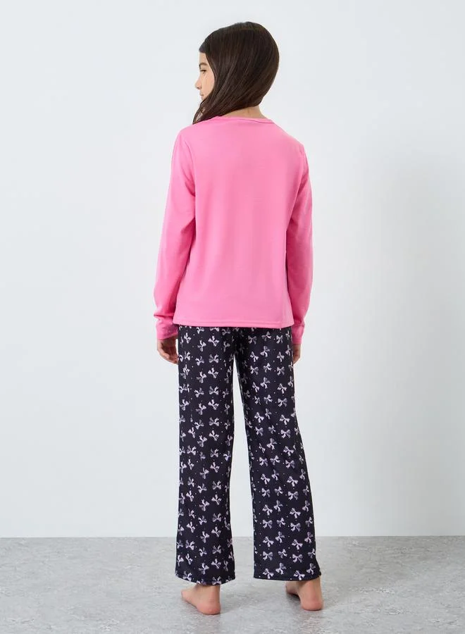 Styli Styli Bow Printed Long Sleeve T-Shirt and Pyjama Set