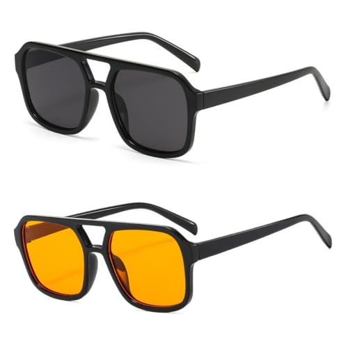 IKUVNA Retro 70s Square Aviator Sunglasses Women Men Vintage Rectangle Sunglasses Flat Frame Trendy Shades (Black+Orange) - Image 1