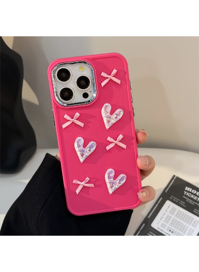 NIBEMINENT Pink Heart Shaped Bow Protective TPU Case Cover For iPhone 15 Plus, Rose Pink